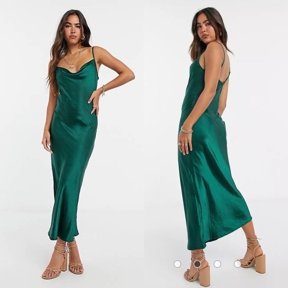 NWT Slideshow Pretty Lavish cami satin Midi Slip Dress cowl neck emerald green 8 - Picture 1 of 8